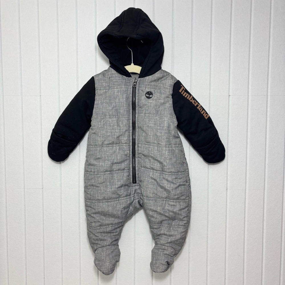 Timberland Gray And Black Quilted Padded Zip Hooded Snowsuit - Size 6/9M‎